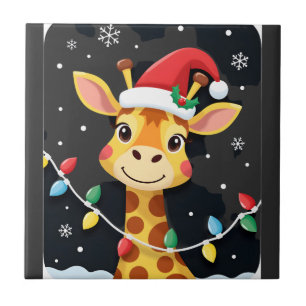 Cute Giraffe Christmas Lights Santa Hat Xmas Pajam Ceramic Tile