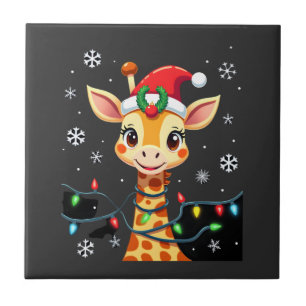 Cute Giraffe Christmas Lights Santa Hat Xmas Pajam Ceramic Tile