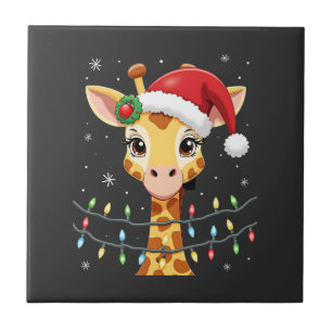 Cute Giraffe Christmas Lights Santa Hat Xmas Pajam Ceramic Tile