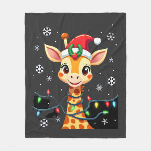 Cute Giraffe Christmas Lights Santa Hat Xmas Pajam Fleece Blanket