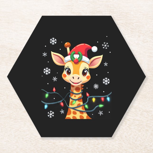 Cute Giraffe Christmas Lights Santa Hat Xmas Pajam Paper Coaster (Front)