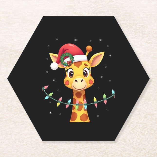 Cute Giraffe Christmas Lights Santa Hat Xmas Pajam Paper Coaster (Front)
