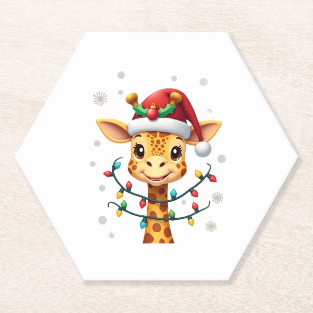 Cute Giraffe Christmas Lights Santa Hat Xmas Pajam Paper Coaster (Front)