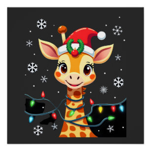 Cute Giraffe Christmas Lights Santa Hat Xmas Pajam Poster