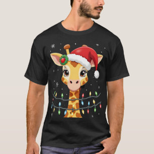 Cute Giraffe Christmas Lights Santa Hat Xmas Pajam T-Shirt
