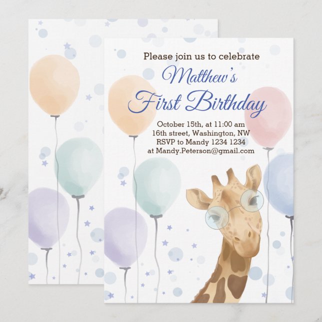 Cute Giraffe Colourful Balloon Boy Birthday Invitation (Front/Back)