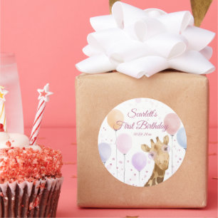 Cute Giraffe Colourful Balloon Girl 1th Birthday Classic Round Sticker