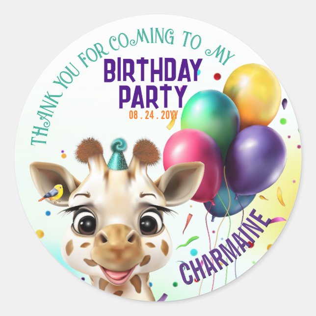 Cute Giraffe Colourful Confetti Kids Birthday Part Classic Round Sticker (Front)