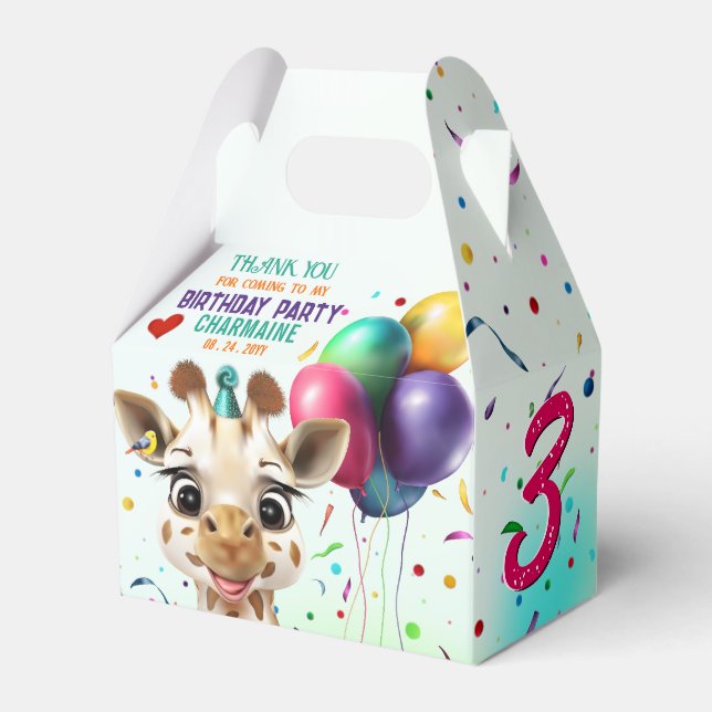 Cute Giraffe Colourful Confetti Kids Birthday Part Favour Box (Front Side)