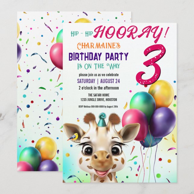 Cute Giraffe Colourful Confetti Kids Birthday Part Invitation (Front/Back)