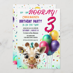 Cute Giraffe Colourful Confetti Kids Birthday Part Invitation