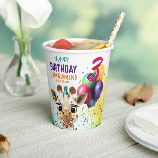 Cute Giraffe Colourful Confetti Kids Birthday Part Paper Cups (Insitu)