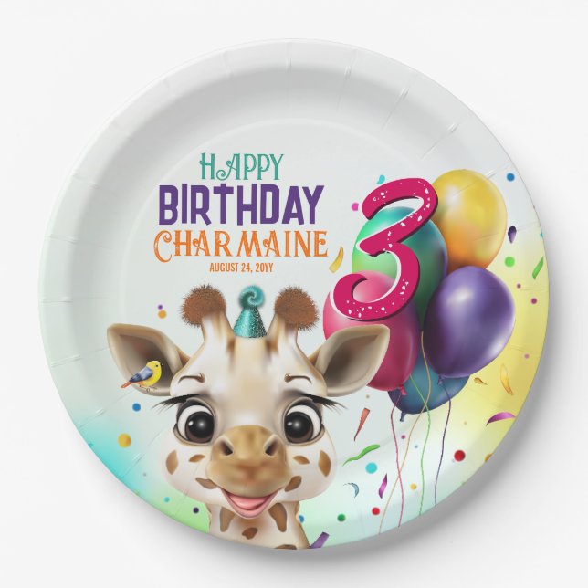 Cute Giraffe Colourful Confetti Kids Birthday Part Paper Plate (Front)