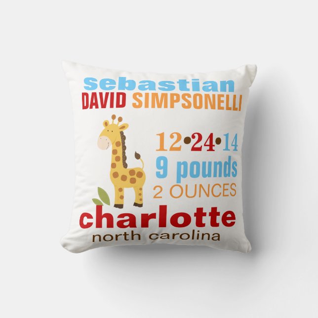 Cute Giraffe Custom Birth Announcement - Blue Cushion (Front)