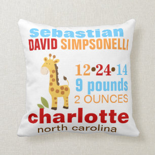 Cute Giraffe Custom Birth Announcement - Blue Cushion