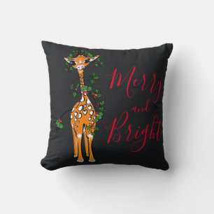 Cute Giraffe drawing, festive red green garland Cushion