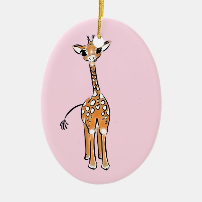 Cute giraffe drawing pink  ceramic tree decoration (Front)