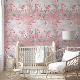 Cute Giraffe Elephant Pink Nursery Wallpaper
