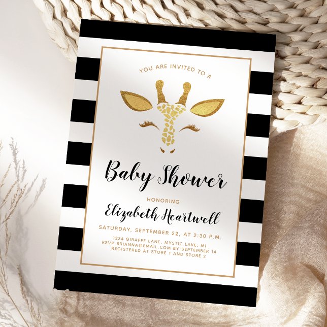 Cute Giraffe Face Gold Black Baby Shower Invitation (Creator Uploaded)