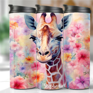 Cute Giraffe Face with Pink Flowers Tumbler