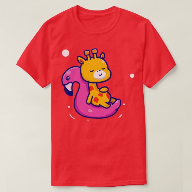 Cute Giraffe Floating With Swimming Flamingo Carto T-Shirt (Design Front)
