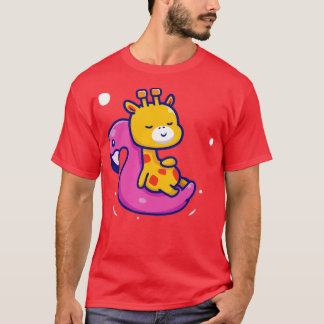 Cute Giraffe Floating With Swimming Flamingo Carto T-Shirt