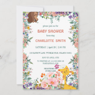 Cute giraffe floral flower watercolor baby shower invitation