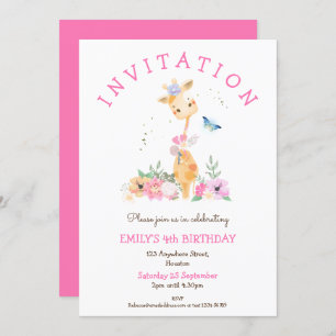 Cute Giraffe Floral Girls 4th Birthday Party Invitation