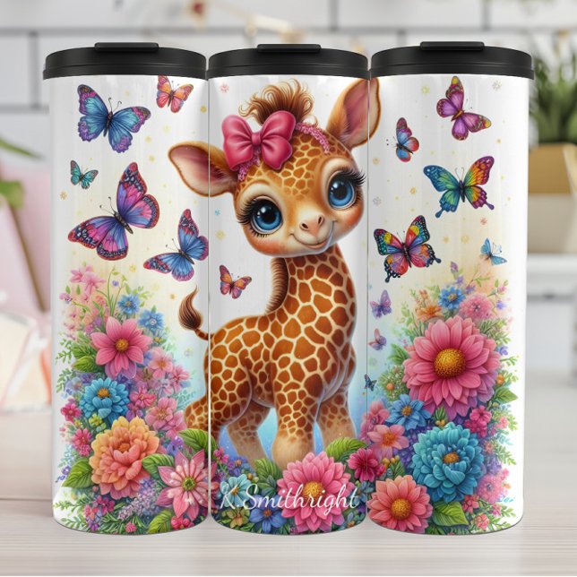 Cute Giraffe Flowers Butterflies Whimsical Scene Thermal Tumbler (Creator Uploaded)