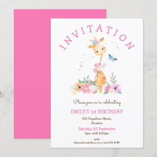 Cute Giraffe Flowers Girls 1st Birthday Party Invitation
