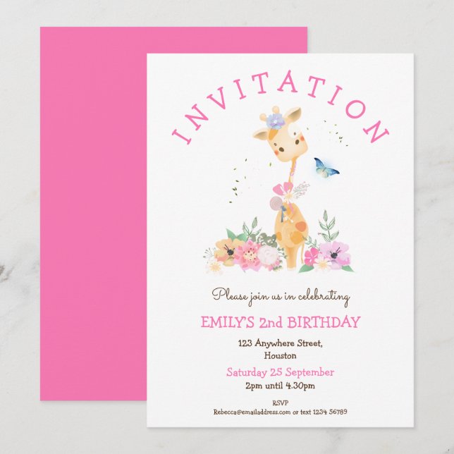 Cute Giraffe Flowers Girls 2nd Birthday Party Invitation (Front/Back)