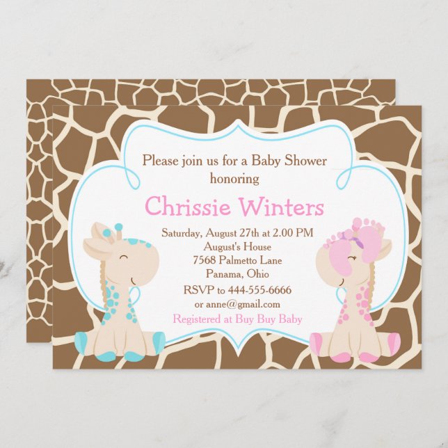 Cute Giraffe Gender Reveal or Twins Baby Shower Invitation (Front/Back)