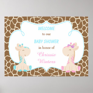 Cute Giraffe Gender Reveal or Twins Baby Shower Poster