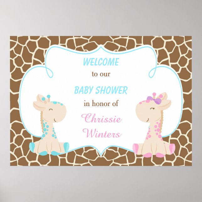 Cute Giraffe Gender Reveal or Twins Baby Shower Poster (Front)