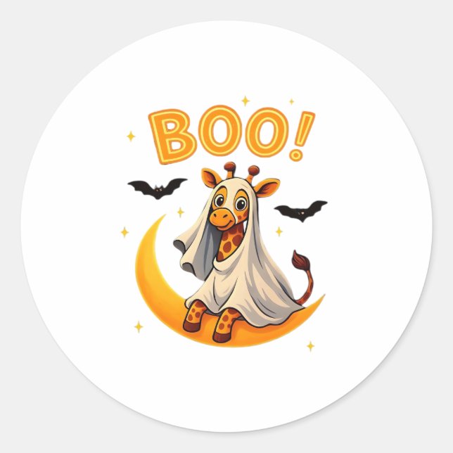 Cute Giraffe Ghost on Moon � Funny Halloween Boo D Classic Round Sticker (Front)