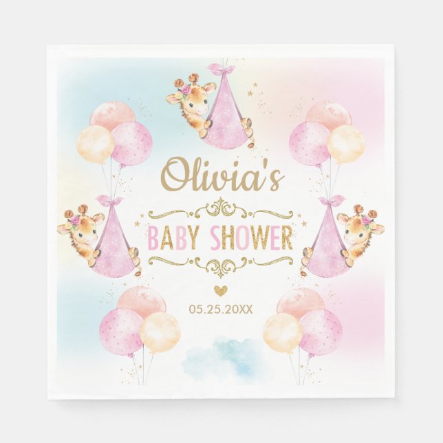 Cute Giraffe Girl Baby Shower Pink Paper Napkin (Front)