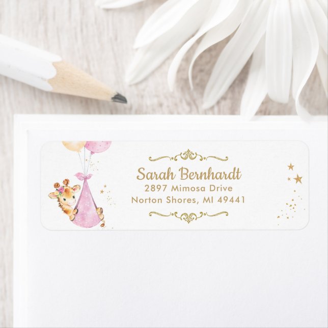Cute Giraffe Girl Baby Shower Return Address Label (Insitu)