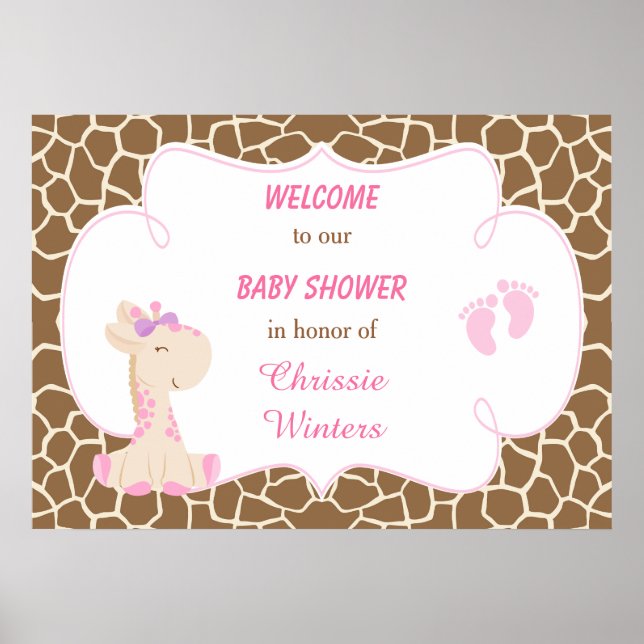 Cute Giraffe Girl Pink Baby Shower Poster (Front)