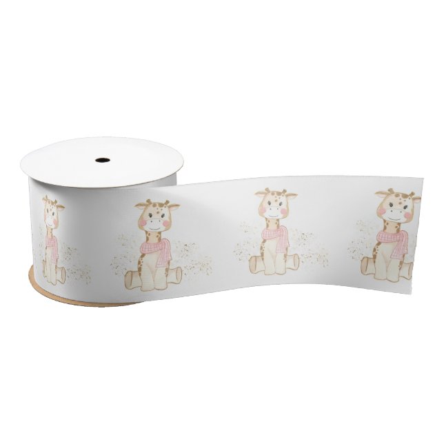 Cute Giraffe Gold Foil Glitter Girl Baby Shower Satin Ribbon (Spool)