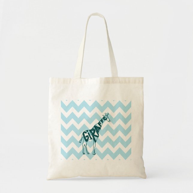 Cute Giraffe Hand Drawn Sketch on Blue Chevron Tote Bag (Front)