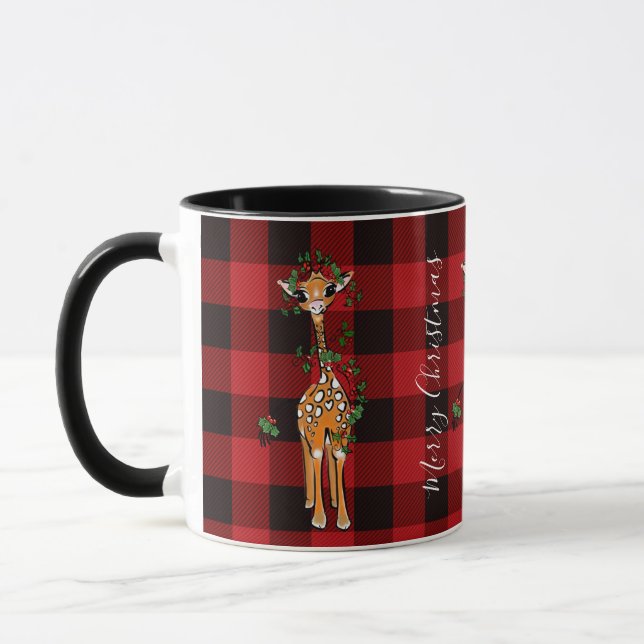 Cute Giraffe holly garland red black plaid  Mug (Left)