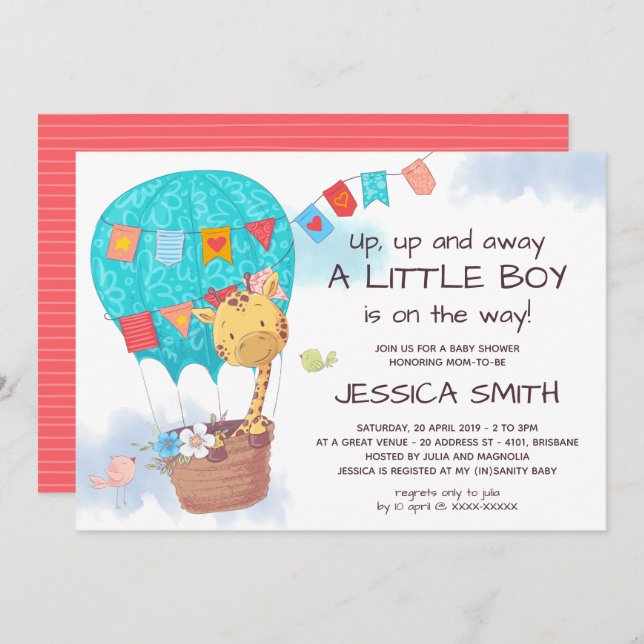 Cute Giraffe Hot Air Balloon Baby Shower Invitation (Front/Back)