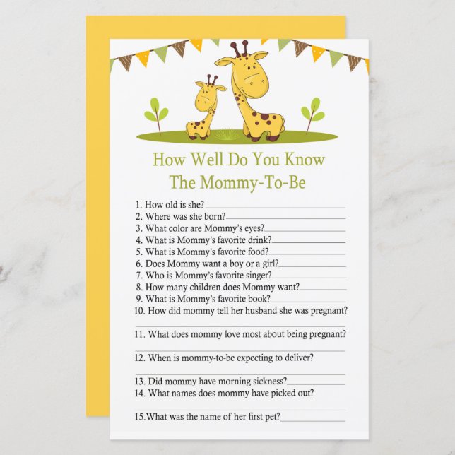 Cute giraffe How well do you know baby shower game (Front/Back)