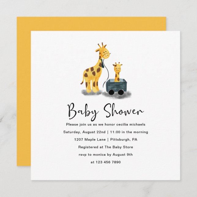 Cute Giraffe Illustration Baby Shower Invitation (Front/Back)