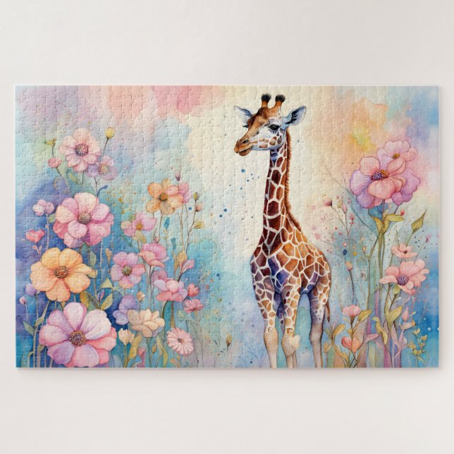 Cute Giraffe In a Pastel Garden Jigsaw Puzzle (Horizontal)