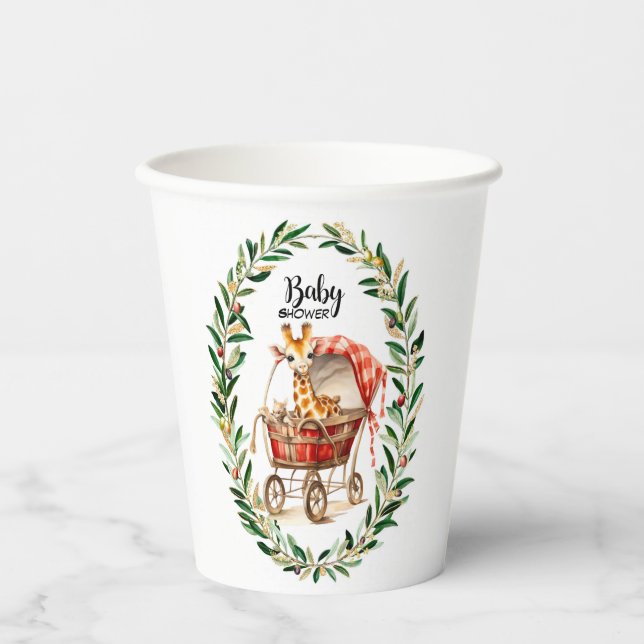 Cute Giraffe in Carriage Winter Baby Shower Paper Cups (Front)