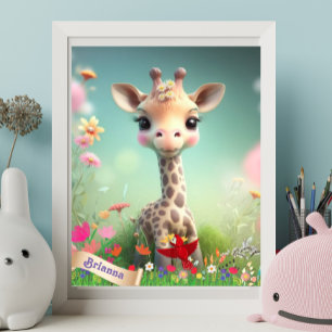 Cute Giraffe in Garden Personalised Art Nursery Poster