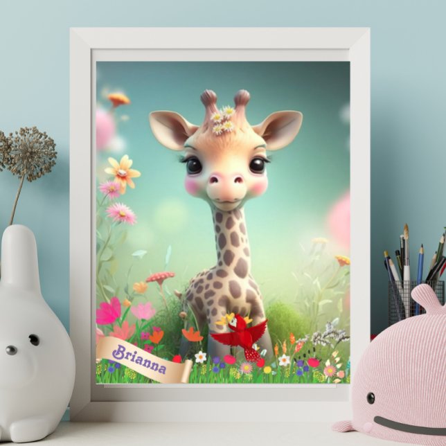 Cute Giraffe in Garden Personalised Art Nursery Poster (Creator Uploaded)