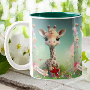 Cute Giraffe in Garden Personalised Floral Two-Tone Coffee Mug