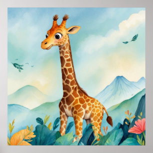 Cute Giraffe in Mountains Nursery Poster